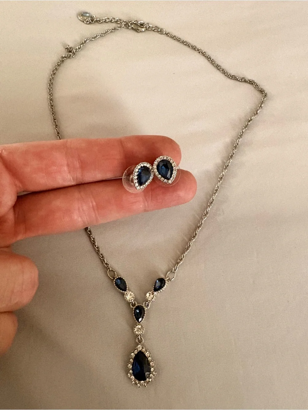 Silver-Tone Blue Teardrop Necklace & Earrings Set